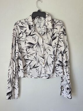 Rachel Zoe Black & White Linen Blend Botanical Print Button-Down Shirt Size L